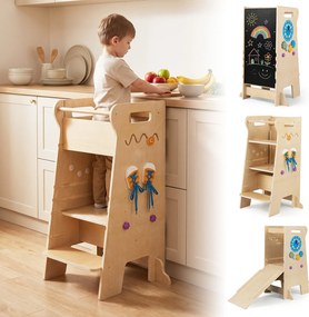 Torre de Aprendizagem Infantil Montessori 4 em 1, 57 x 52 x 90 cm, Altura Ajustável, Natural