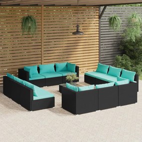 vidaXL 13 pcs conjunto lounge de jardim c/ almofadões vime PE preto