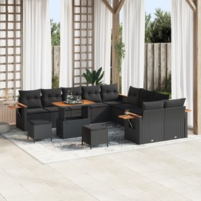 Conjunto de Sofá de Jardim vidaXL 13 Peças com Almofadas Preto Rattan Sintético Acácia