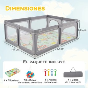 Parque infantil com tapete de jogos Centro de actividades estável não tóxico com bolas Rede respirável com fecho de correr 206 x 147 x 68,5 cm Cinzent