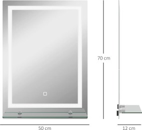 Espelho de parede LED para casa de banho 50 x 70 cm com prateleira integrada, 3 cores, luminosidade ajustável e interruptor tátil prateado