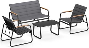 Conjunto de jardim de 4 peças, com almofadas, mesa de vidro temperado e cadeiras de jardim para alpendre, varanda ou jardim com almofadas Cinza