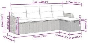 5 pcs conjunto sofás de jardim c/ almofadões vime PE cinzento