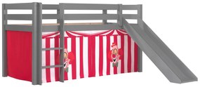 Conjunto Cama alta de Criança PINO 90 x 200 cm + estrado + escada + escorrega + cortina Circo Cinzenta
