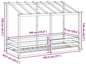 Cama infantil com telhado 75x190 cm madeira de pinho maciça