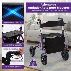 Andarilho dobrável para adultos idosos com assento 24 cm Rodas pneumáticas todo-o-terreno Saco de arrumação Carga 160 kg Púrpura