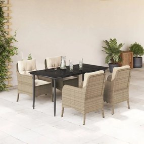 5 pcs conjunto de jantar p/ jardim com almofadões vime PE bege