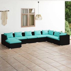 vidaXL 8 pcs conjunto lounge de jardim c/ almofadões vime PE preto