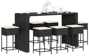 vidaXL 9 pcs conjunto de bar para jardim c/ almofadões vime PE preto