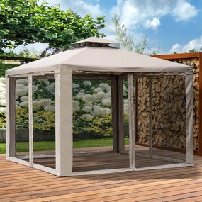 Outsunny Pérgola de Jardim 3x3m Pérgola de Exterior com Duplo Teto de Ventilação 8 Orifícios de Drenagem e 4 Telas Mosquiteiras com Fecho de Correr para Festas Pátio Marrom Cáqui