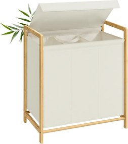 Cesto para roupa suja 150L 65 x 40 x 78 cm com estrutura em bambu e dois compartimentos creme
