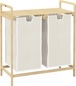 HOMCOM Cesto de Roupa em Bambu 2 Cestos Amovíveis e Deslizantes em Não-Tecido 63,5x33x73 cm Creme | Aosom Portugal