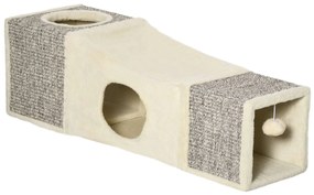 PawHut Túnel Gatos Bola Supensa Dobrável Múltiplas Entradas Caverna Sisal 98x30x30 cm Creme Cinza Interativo