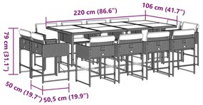 13 pcs conj. jantar jardim c/ almofadões vime PE cinzento-claro