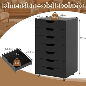 Bloco de armazenamento escritório 49 x 40 x 87 cm com 7 gavetas com 4 rodas universais Arquivo vertical de madeira com rodas preto