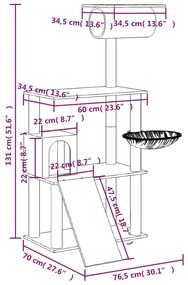 Árvore p/ gatos c/ postes arranhadores sisal 131 cm cinza-claro