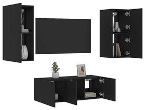 vidaXL 4 pcs móveis de parede p/ TV c/ LEDs derivados de madeira preto