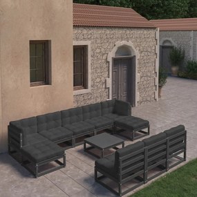 11 pcs conj. lounge de jardim c/ almofadões pinho maciço preto