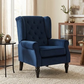 Poltrona de sala estofada com assento largo, pés de madeira, estilo clássico, grande conforto, 74x86x102 cm, azul escuro