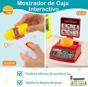 Conjunto de supermercado para crianças com carrinho de compras, balança e scanner com luz e som, 76 peças de alimentos e acessórios, jogo de encenação