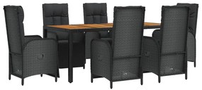 7 pcs conjunto de jantar p/ jardim c/ almofadões vime PE preto