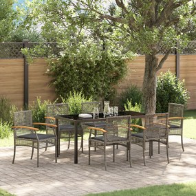 Conjunto de Jantar de Jardim 7 Peças com Almofadas Cinza Vime Poliéste