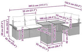 Conjunto de Jantar de Jardim de 7 Peças com Almofadas Cinza, Rattan Si