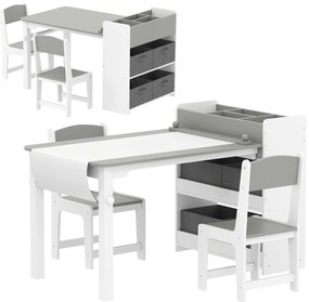 AIYAPLAY Conjunto mesa e 2 cadeiras infantil em madeira com rolo de papel, prateleiras e gavetas, para menina menino 3-8 anos, cinza | Aosom Portugal