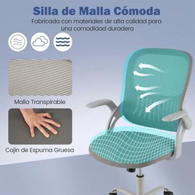 Cadeira de escritório ergonómica com encosto em malha e apoios de braços rebatíveis, ajustável em altura e rodas cinzenta
