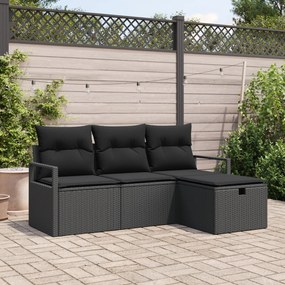 Conjunto de Sofá de Jardim com 4 Peças e Almofadas Pretas de Rattan Po