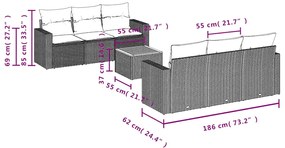 7 pcs conjunto de sofás p/ jardim c/ almofadões vime PE preto