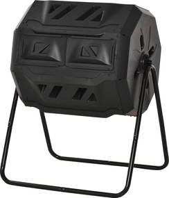 Compostor de jardim - Caixote de compostagem para resíduos - Rotativo a 360° - Dupla câmara 160 L - Aço PP preto