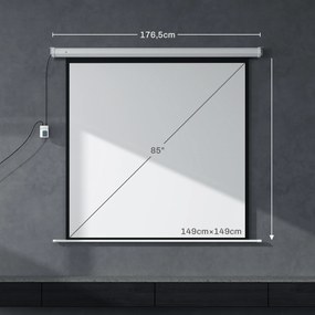 Ecrã de projeção motorizado de 85 polegadas, 4K HD elétrico, montagem na parede ou no teto, painel de controlo e comando à distância branco