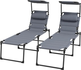 Conjunto de 2 espreguiçadeiras dobráveis de grande conforto, com encosto e capota ajustáveis em várias posições, cinza
