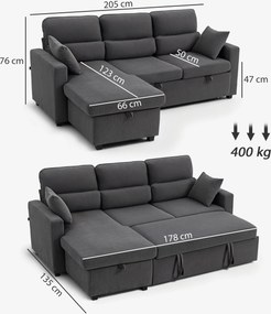 Sofá de canto convertível 205 x 135 x 76 cm em veludo canelado, sofá-cama de 3 lugares com arrumação oculta, almofadas, cinzento