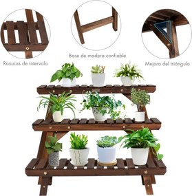 Estante com 3 níveis para plantas de madeira para flores para jardim, pátio e varanda Natural