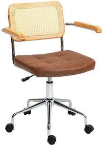 HOMCOM Cadeira de Escritório Giratória com Altura Ajustável Função Basculante e Encosto de Vime Sintético 60x55,5x82-90 cm Marrom