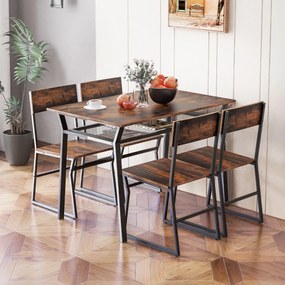 Conjunto de móveis de cozinha de 5 peças com mesa de jantar retangular industrial 4 cadeiras Estante para arrumação e estrutura metálica Castanho rúst