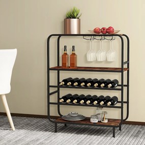 Garrafeira com capacidade para 16 garrafas 90 x 35 x 117 cm, 5 níveis e suportes para copos; Estrutura metálica industrial; prateleira de arrumação em
