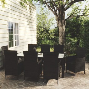 vidaXL 9 pcs conjunto jantar exterior com almofadões vime PE preto