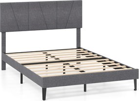 Estrutura de cama 140 x 200 cm (COLCHÃO NÃO INCLUIDO) com plataforma estofada, cabeceira geométrica ajustável em altura e ripas de madeira cinza