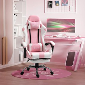 Cadeira de Gaming Reclinável Giratória com Apoio para a Cabeça Apoio para os Pés e Almofada Lombar 64x67x119-127 cm Rosa