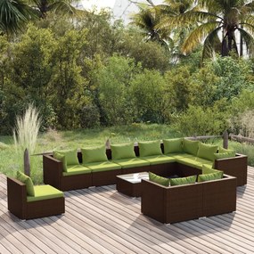 vidaXL 11 pcs conjunto lounge jardim c/ almofadões vime PE castanho