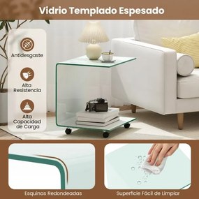 Mesa auxiliar em forma de C em vidro temperado 39,5 x 45 x 48 com prateleira de 2 níveis 4 rodas giratórias bloqueáveis Branco