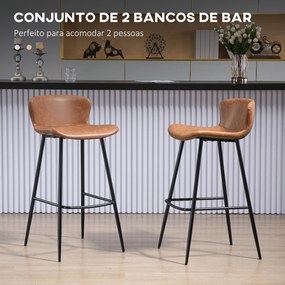 Conjunto de 2 Bancos Altos de Cozinha com Encosto Estofado em PU Carga 120 kg para Bar Sala de Jantar 45x49x94,6 cm Castanho