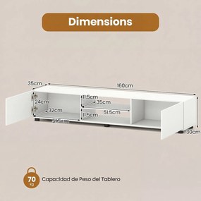 Móvel para TV, 160 x 35 x 30 cm, Com Estantes Abertas e Portas, Branco