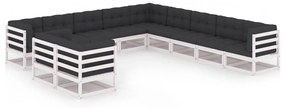 11 pcs conj. lounge de jardim c/ almofadões pinho maciço branco