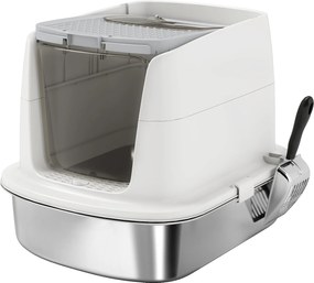 PawHut Caixa de Areia para Gatos em Aço Inoxidável L com Tampa Rebatível Pá Metálica Saco Desodorizante Fácil de Limpar Branco | Aosom Portugal