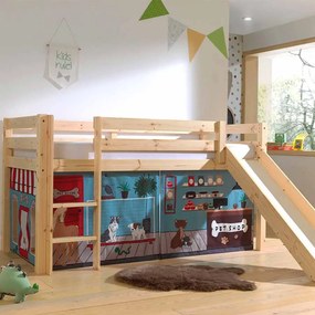 Cama alta de Criança PINO 90 x 200 cm + estrado + escada + escorrega + cortina Animais Natural