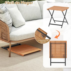 Mesa auxiliar jardim dobrável quadrada em madeira de acácia 70 x 70 x 73 cm com tampo de ripas e travessas reforçadas, portátil para pátio, terraço ou